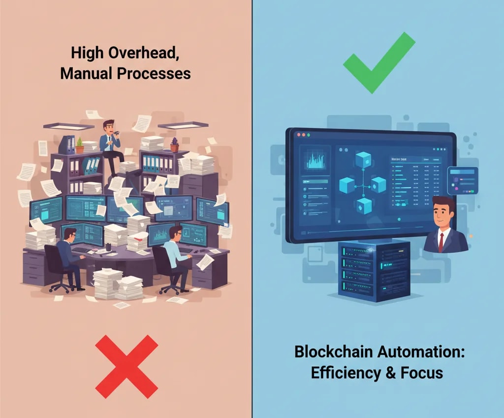 Graphic illustrating how blockchain technology reduces administrative overhead in education by replacing manual, paper-heavy processes with efficient, automated digital systems.