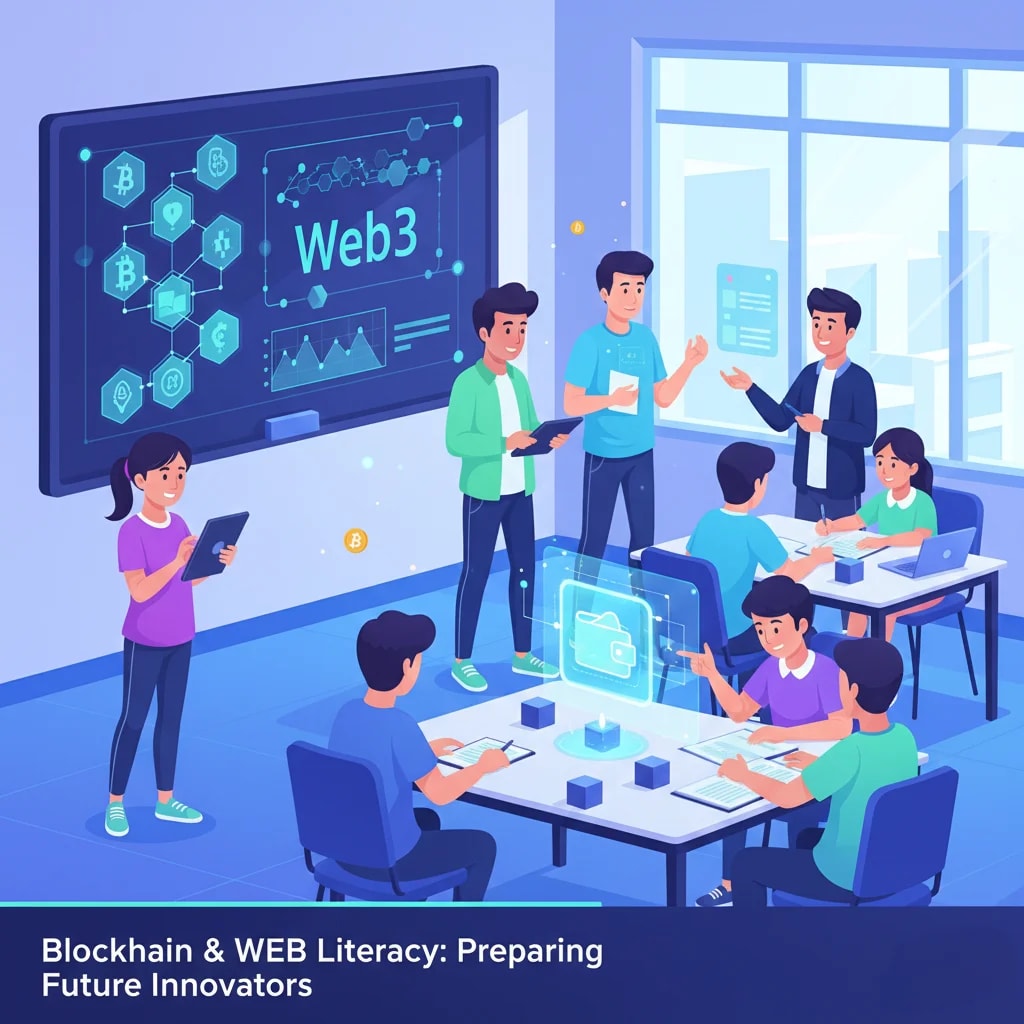 Graphic showing students actively learning about blockchain, cryptocurrency, and Web3 technology, illustrating the integration of blockchain literacy into national education curriculums.