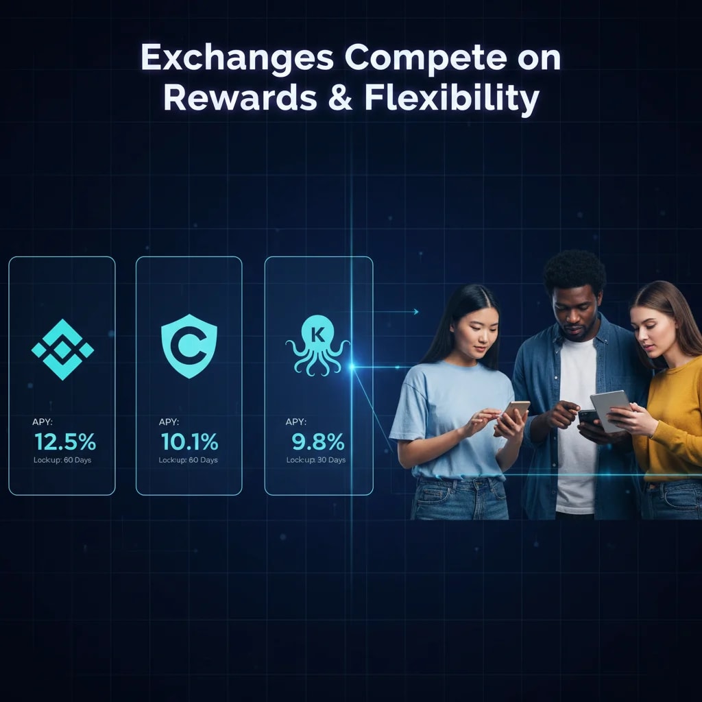 Cryptocurrency exchanges offering diverse staking services, illustrating competition through varying reward percentages, lock-in periods, and flexible models displayed on digital interfaces.