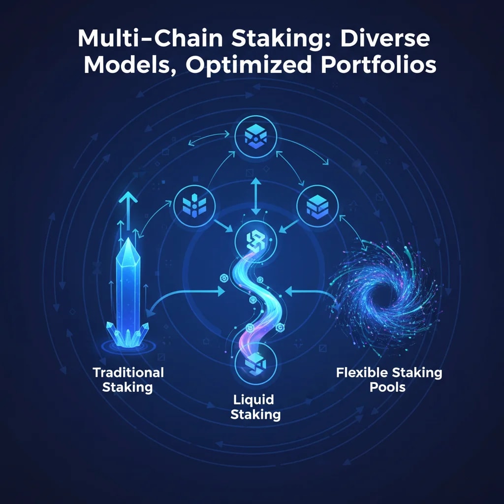 Expansion of staking models across new blockchain networks, illustrating traditional, liquid, and flexible staking pools within a dynamic multi-chain ecosystem for optimized crypto investment portfolios.