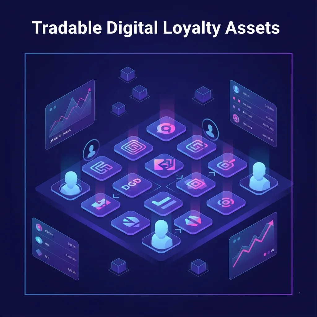 Illustration of a digital marketplace interface where users are actively trading unique loyalty NFTs, symbolizing the secondary market for digital loyalty assets.