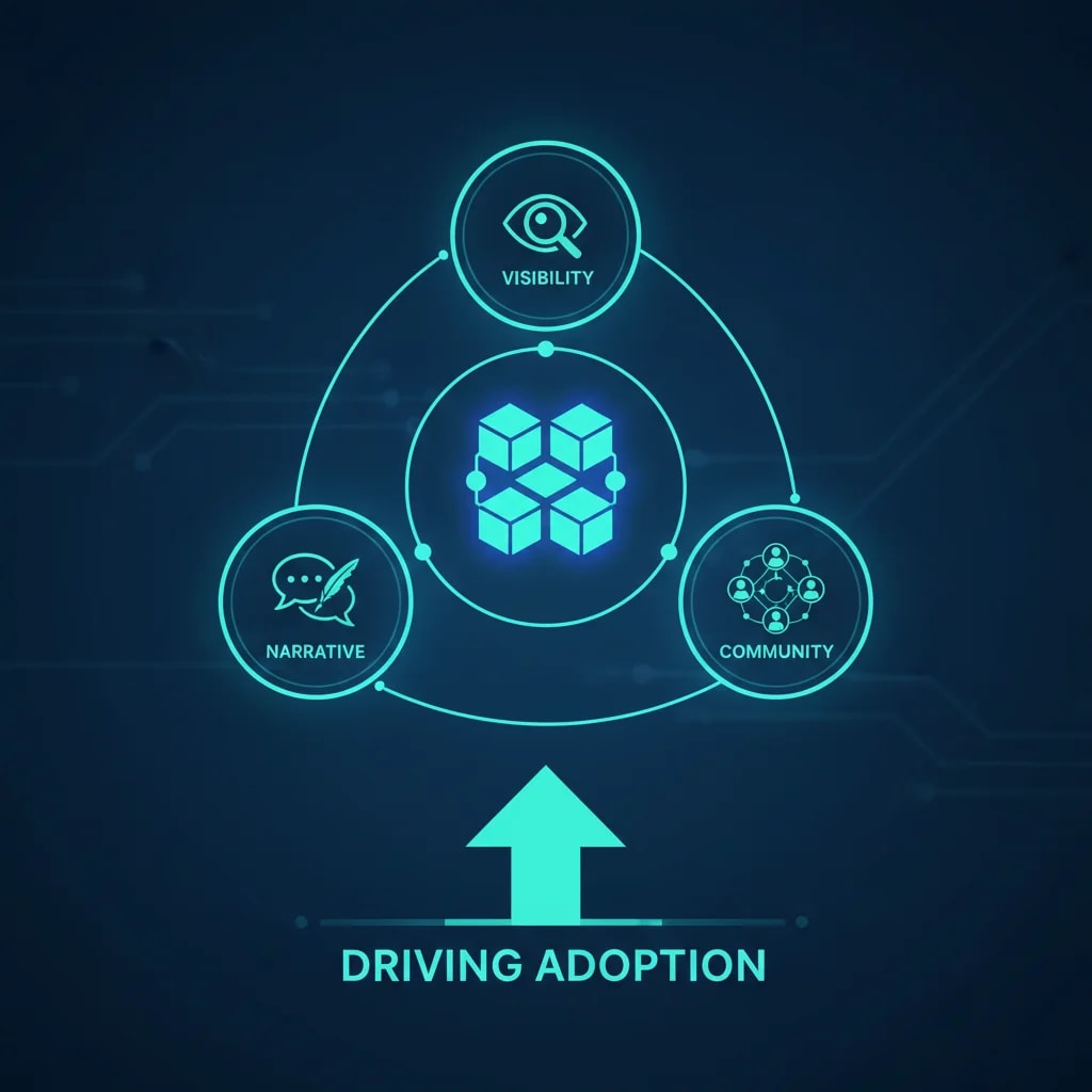 Graphic illustrating the interconnected elements of visibility, narrative, and community (represented by interconnected icons) surrounding a blockchain symbol, emphasizing their role in driving blockchain project adoption beyond just technology.