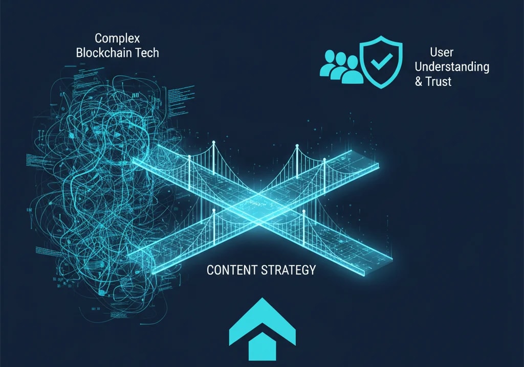 Infographic showing Content Strategy as a bridge connecting complex blockchain technology with user understanding and trust, highlighting the importance of clear communication for web3 marketing and blockchain adoption.