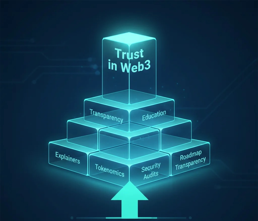 Educational content building blocks (Explainers, Tokenomics, Security Audits, Roadmap Transparency) forming a foundation leading to 'Trust in Web3,' an essential strategy for crypto content and blockchain project adoption.