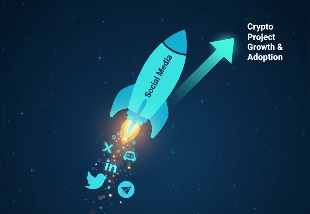 Dynamic graphic of a Social Media rocket (featuring X, Discord, LinkedIn, Telegram logos in the exhaust) launching a crypto project towards growth and adoption, illustrating the power of social media for blockchain marketing.