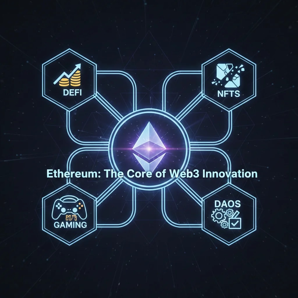 A vibrant graphic depicting the Ethereum logo as the central hub, with interconnected lines leading to hexagonal icons representing DeFi, NFTs, Gaming, and DAOs, all labeled. The text "Ethereum: The Core of Web3 Innovation" is displayed below the central logo. This image visually explains Ethereum's foundational role in various Web3 dApp categories.