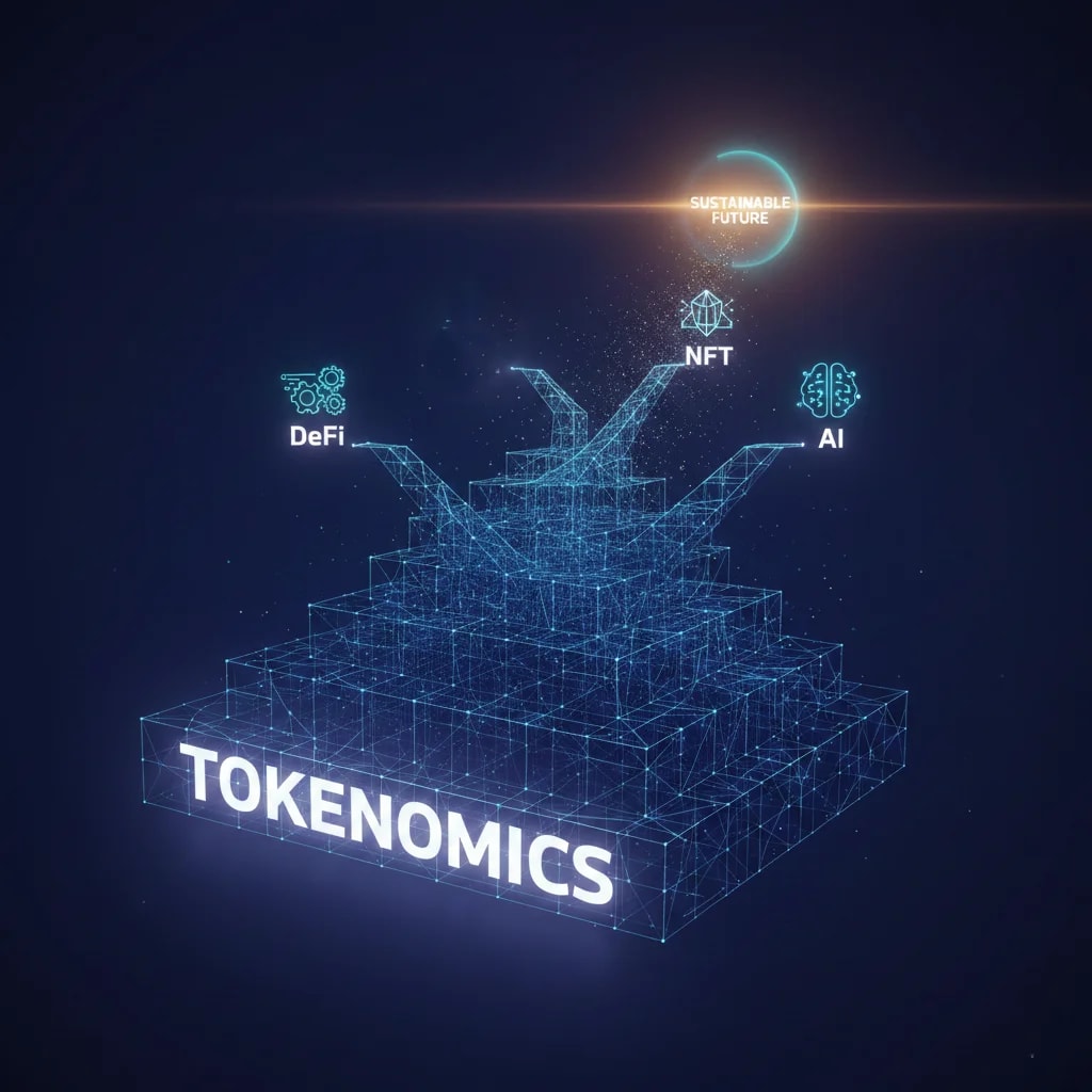 Tokenomics as the foundation of sustainable crypto projects, with 'Tokenomics' supporting interconnected elements like DeFi, NFTs, and AI for long-term value creation in the blockchain ecosystem.