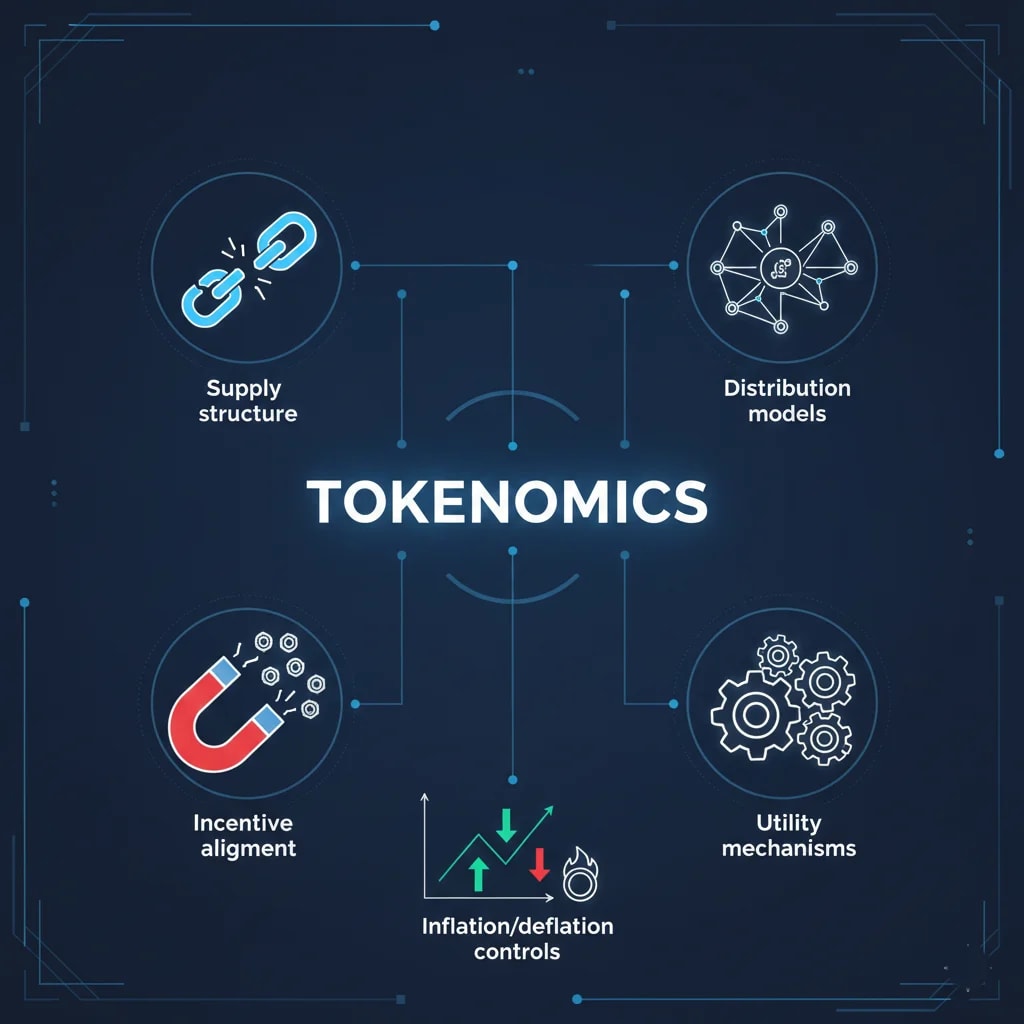 Infographic defining Tokenomics: showing supply structure, distribution models, incentive alignment, utility mechanisms, and inflation/deflation controls in blockchain projects.