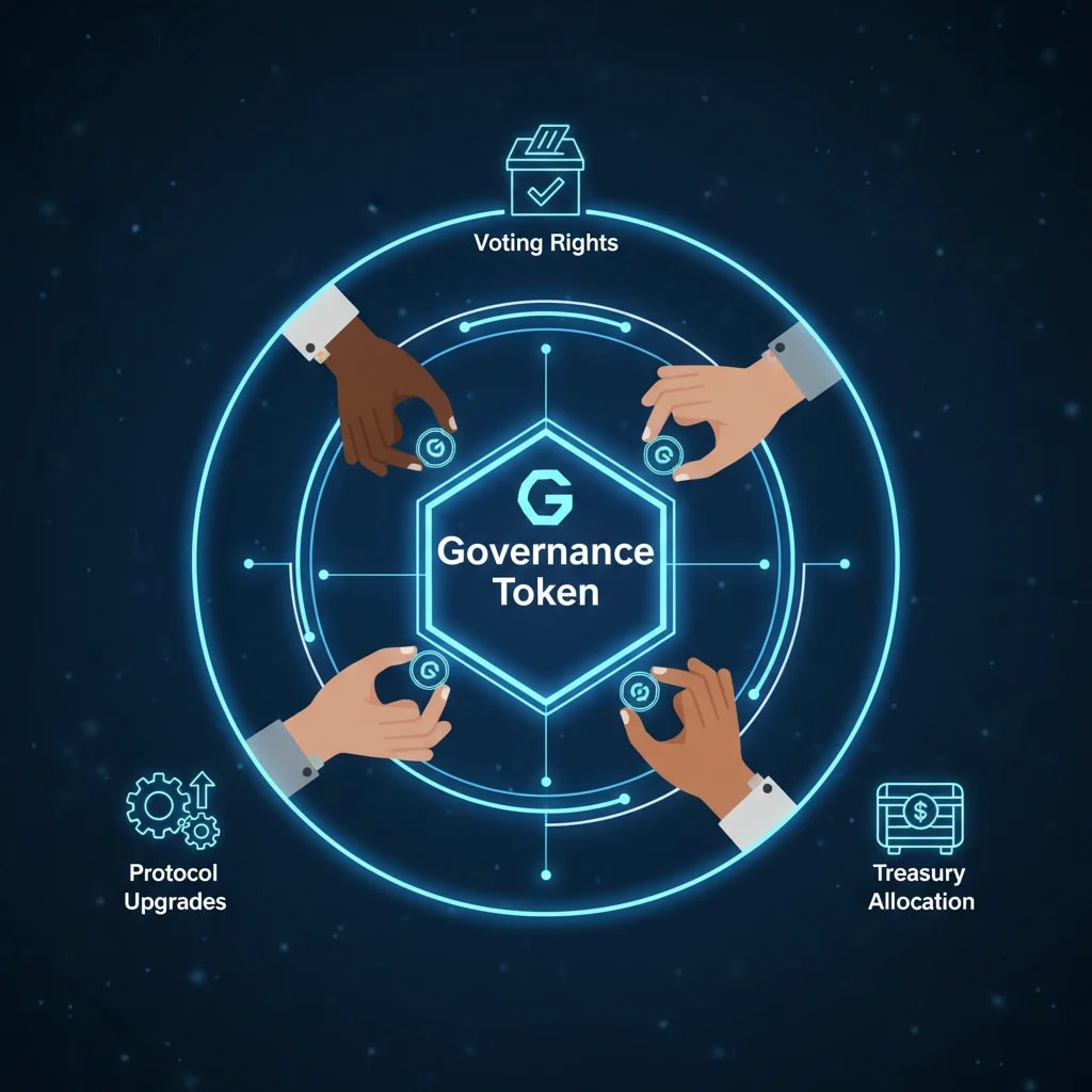 Illustrating governance and incentive alignment in Web3 projects: a central governance token enabling community voting rights, protocol upgrades, and treasury allocation decisions for long-term loyalty.