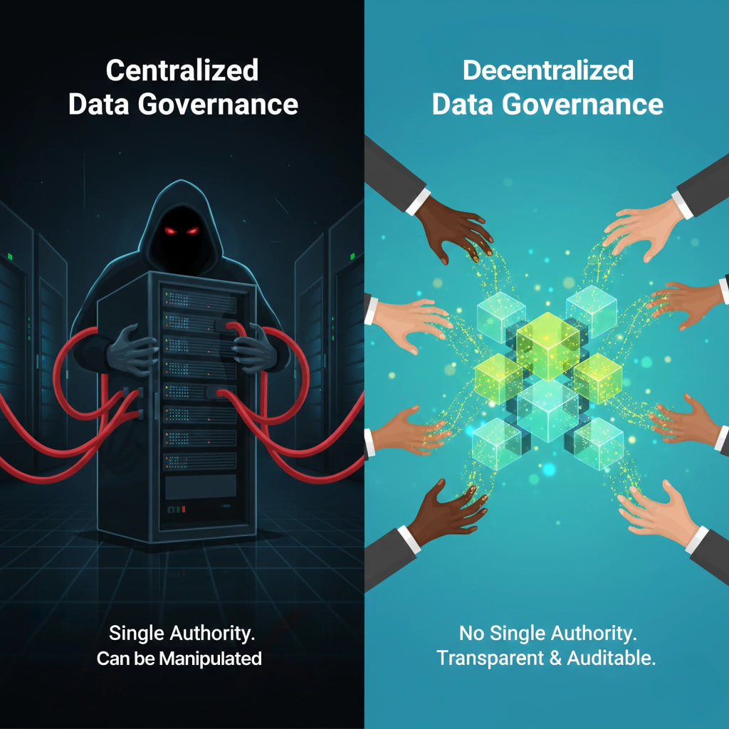 Infographic comparing Centralized Data Governance (single entity control) with Decentralized Data Governance on Blockchain (distributed, transparent, and auditable data management by multiple nodes), highlighting trustless data integrity for AI.