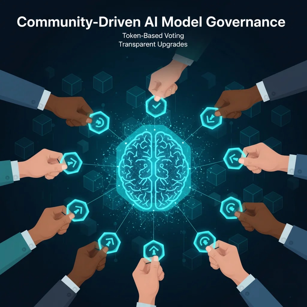 Illustration of Administrative Decentralization in AI model governance, showing diverse community members (represented by hands holding tokens) participating in token-based voting and collectively influencing AI model upgrades and parameter adjustments within a transparent blockchain network.