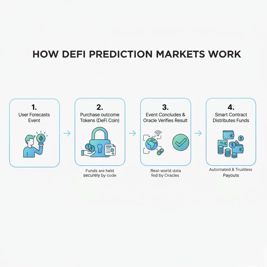 Step-by-step flowchart of DeFi prediction market mechanics from user forecast to automated smart contract payout.