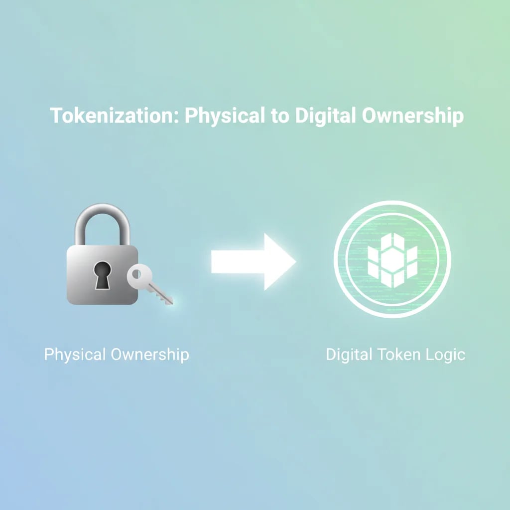 Infographic explaining tokenization meaning: the process of converting physical asset ownership, like real estate or art, into secure, programmable digital tokens on a blockchain with embedded logic