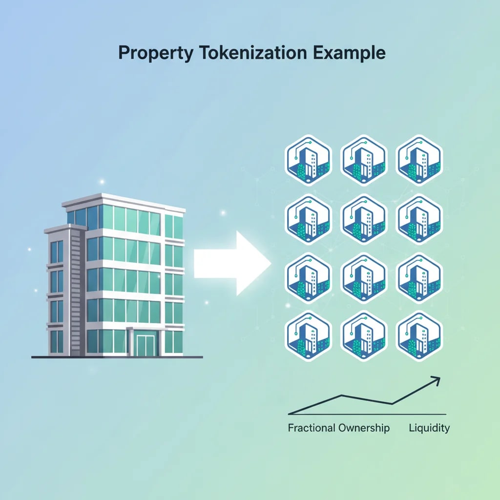 Illustration of a practical tokenization example: a commercial property divided into multiple digital online tokens, demonstrating fractional ownership, increased liquidity, and simplified transfers.