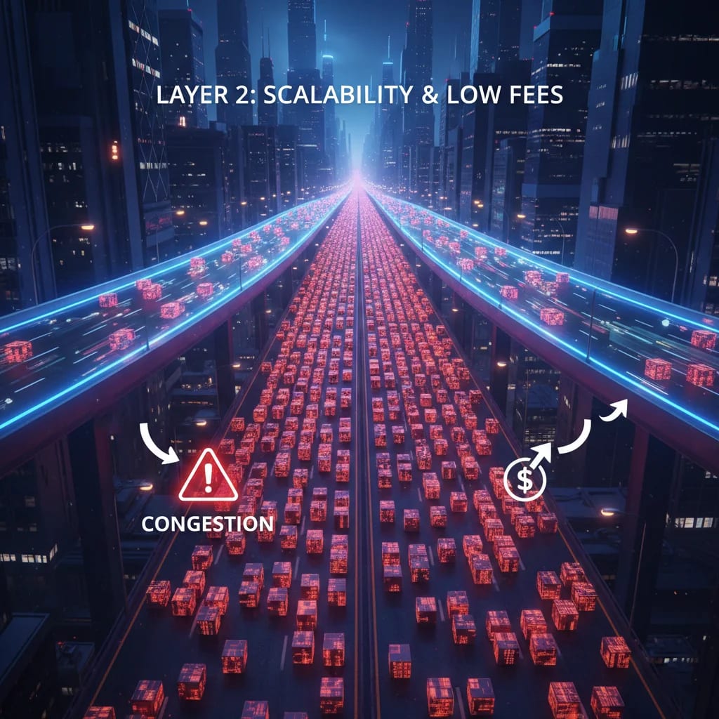Illustrative graphic showing a congested blockchain (Layer 1) highway with red, stalled transaction blocks, and a clear, elevated Layer 2 highway flowing freely above it, symbolizing improved scalability and reduced gas fees.