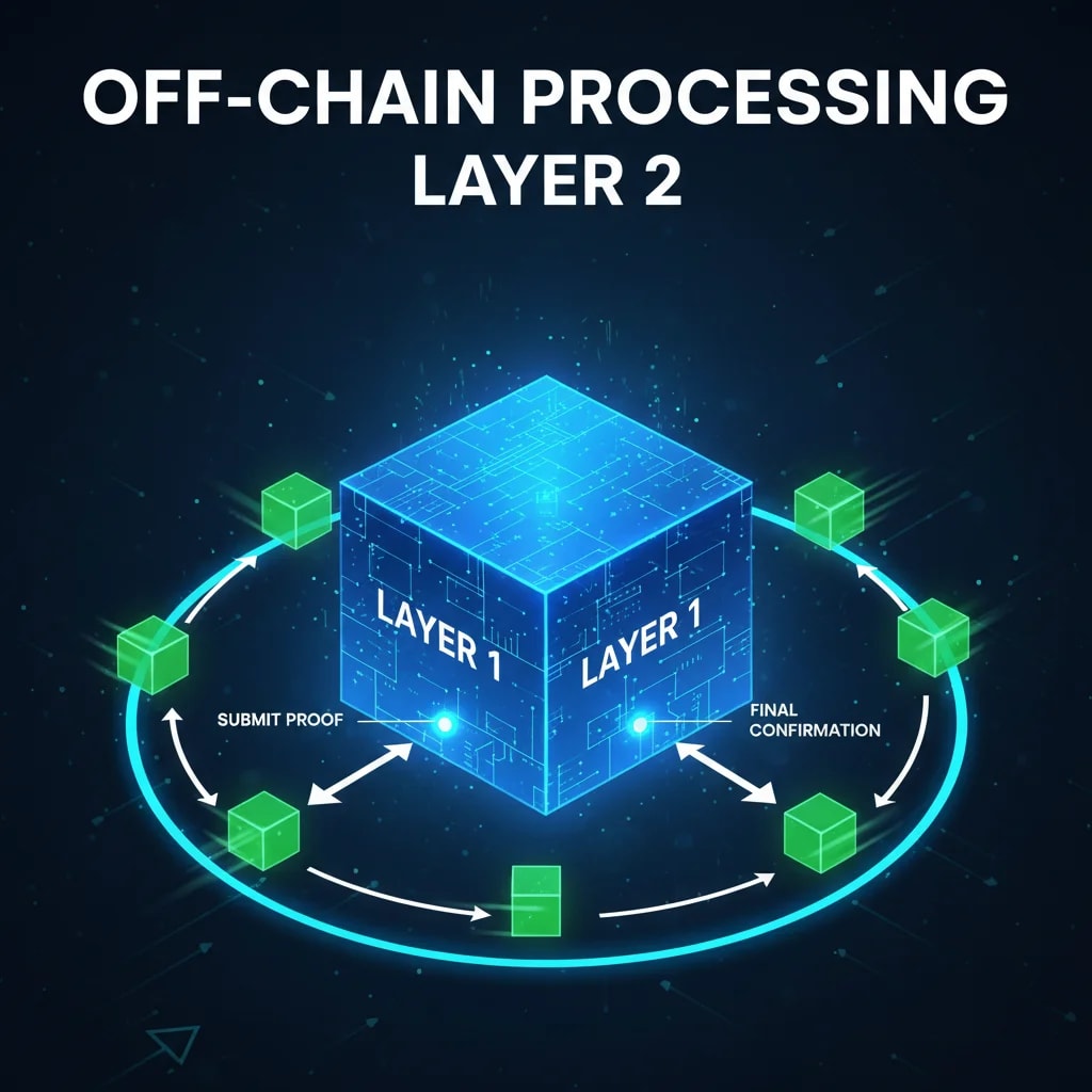 Diagram illustrating blockchain off-chain transaction processing where smaller green Layer 2 blocks handle rapid transactions before sending compressed proofs to the main blue Layer 1 chain for security.