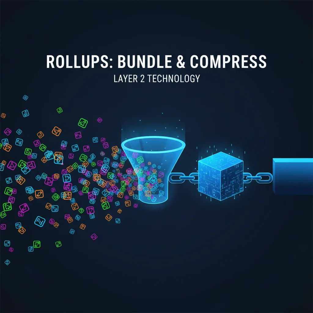 Infographic showing blockchain rollup technology, where numerous small transaction icons are bundled and compressed into a single, larger blue block, which is then submitted to Layer 1, significantly reducing transaction costs.
