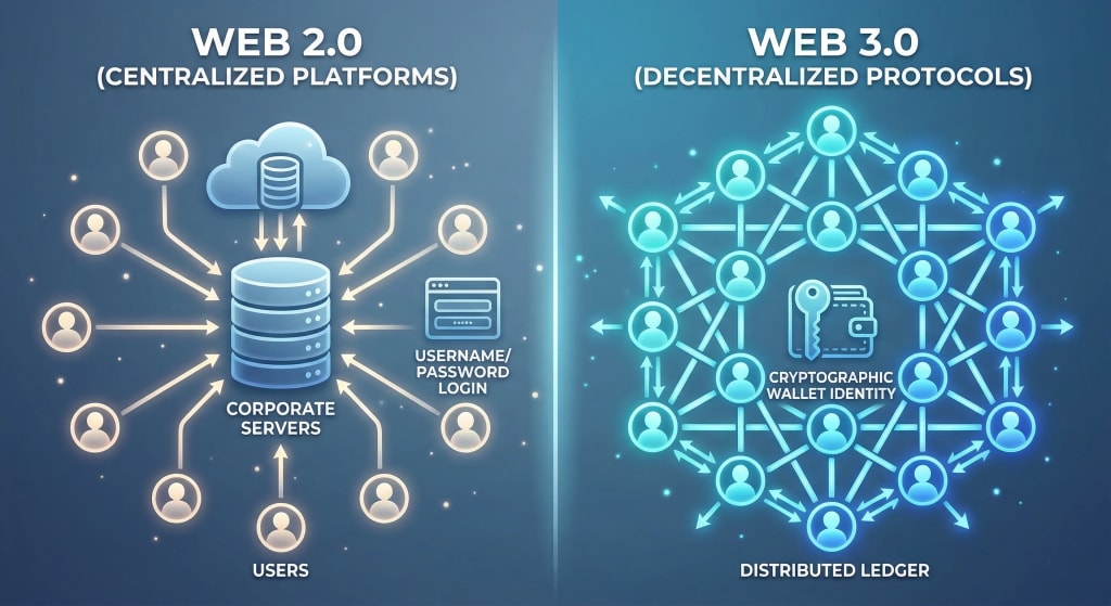 An educational infographic contrasting centralized Web 2.0 corporate platforms with decentralized Web 3.0 protocols and distributed ledgers.
