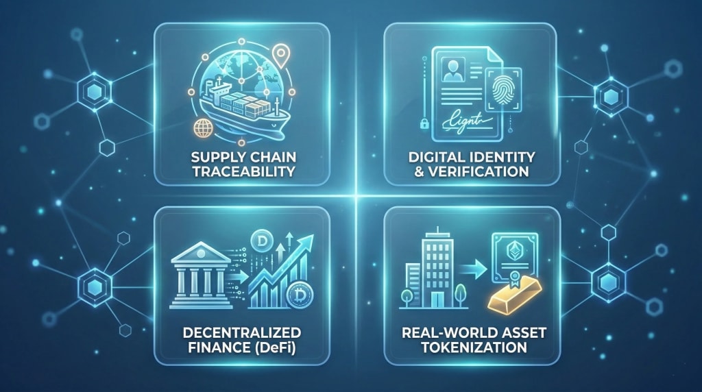 A visualization of four major blockchain technology applications: supply chain traceability, digital identity verification, Decentralized Finance (DeFi), and real-world asset tokenization.