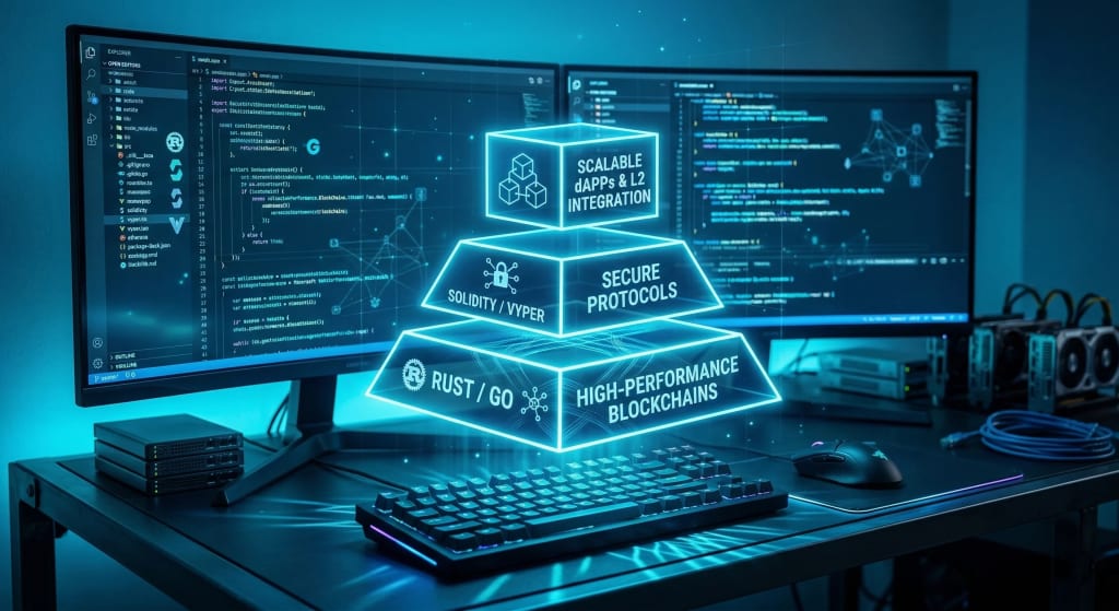 A futuristic developer workspace visualization showing a layered stack of blockchain programming languages and architecture for scalable decentralized systems.
