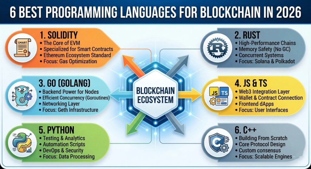 Infographic showing the 6 best programming languages for blockchain in 2026: Solidity for EVM, Rust for high-performance chains, Go for nodes, JS/TS for Web3 integration, Python for analytics, and C++ for core protocols.