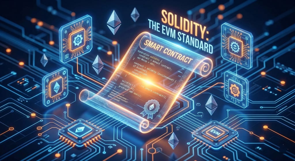 3D digital illustration of a Solidity smart contract and the Ethereum Virtual Machine (EVM) architecture.