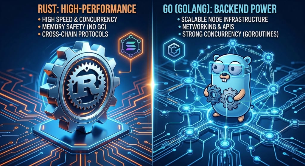 Comparison graphic of Rust for high-performance blockchain speed versus Go (Golang) for scalable node infrastructure.