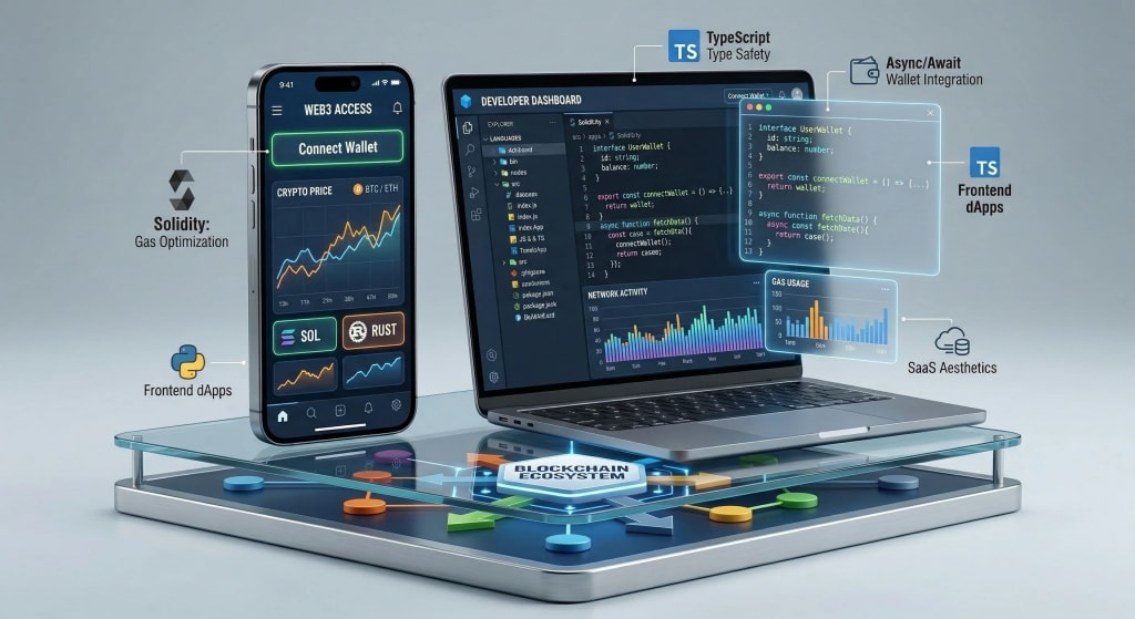 Web3 frontend development interface showing dApp integration with JavaScript and TypeScript.