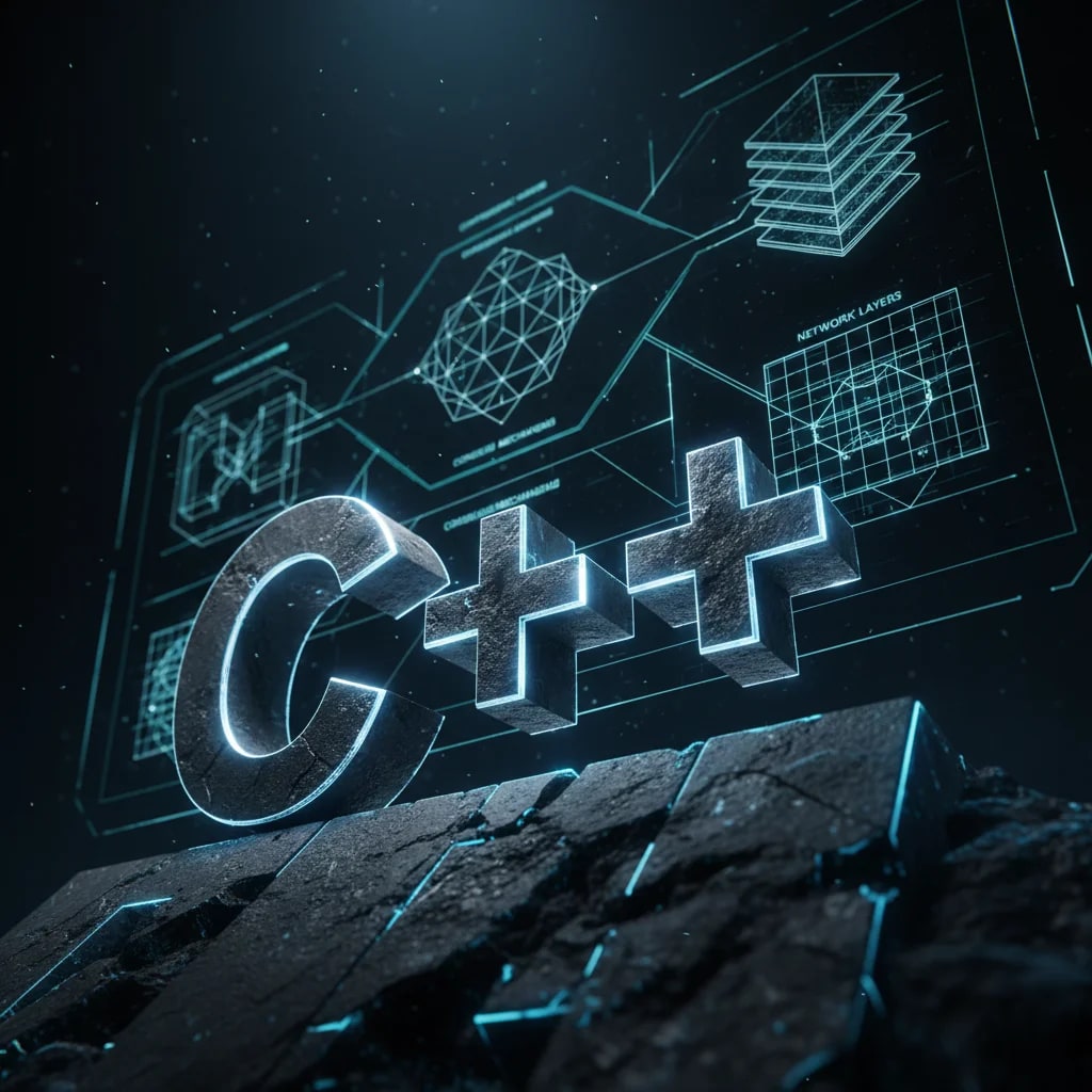 Bold C++ logo in front of a complex architectural blueprint of blockchain core components, symbolizing C++'s role in building blockchain protocols from scratch.