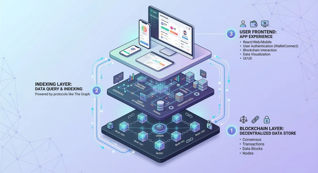 Infographic showing the full-stack blockchain development lifecycle from smart contracts to frontend integration.
