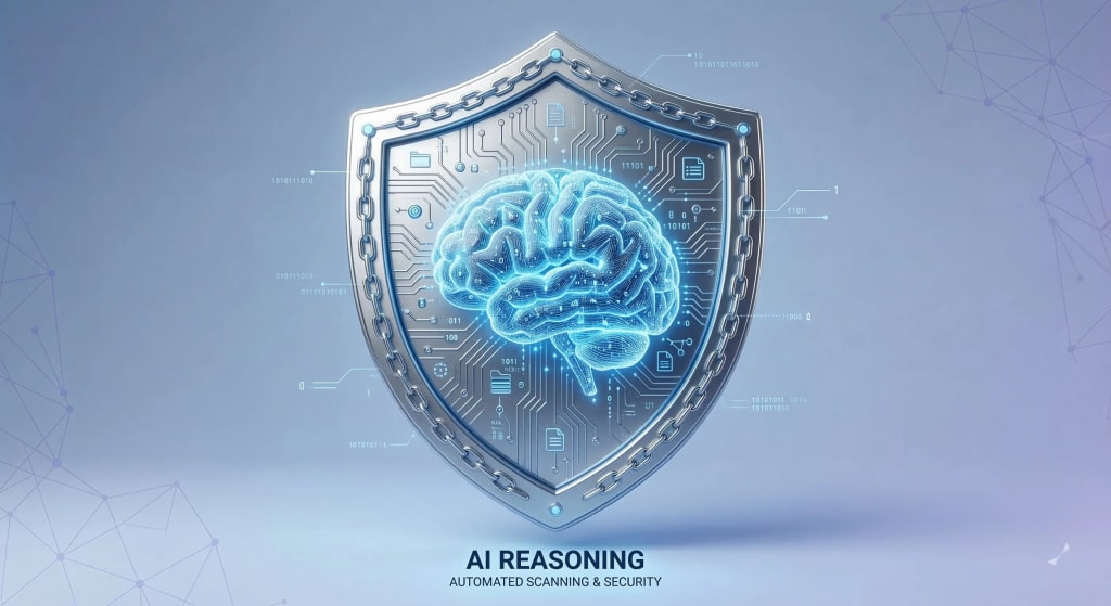 Conceptual graphic representing AI-enhanced blockchain security and deep logic reasoning for smart contracts.