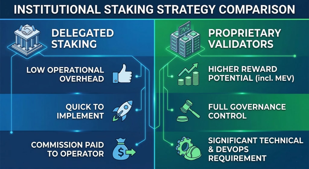 A split-screen infographic comparing two institutional crypto staking strategies. The left side lists the pros of "Delegated Staking": Low Operational Overhead, Quick to Implement, but with Commissions. The right side lists "Proprietary Validators": Higher Reward Potential including MEV, Full Governance Control, but requires significant Technical and DevOps resources.