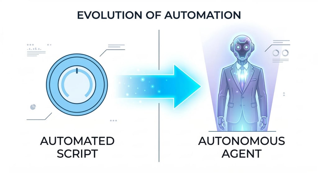 Comparison chart showing the difference between automated scripts and autonomous AI agents in a blockchain environment.
