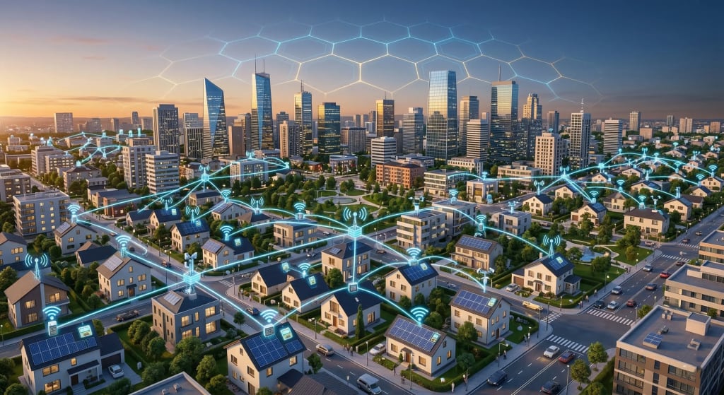 Isometric 3D visualization of a Decentralized Physical Infrastructure Network (DePIN) connecting smart home hardware via blockchain.