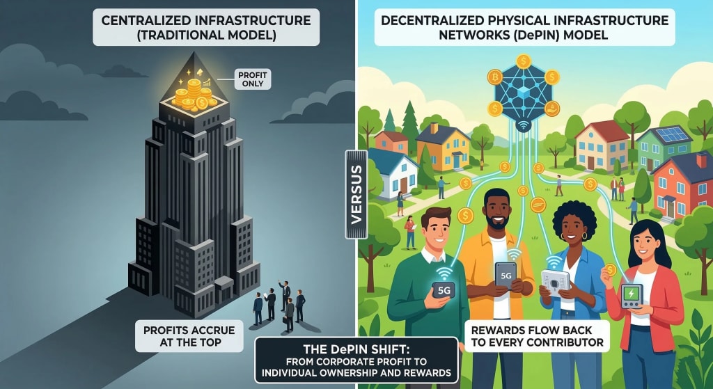 Comparison infographic showing centralized corporate infrastructure versus decentralized community-owned DePIN models.