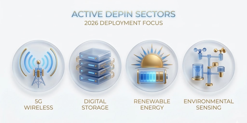 Icons representing DePIN sectors: Wireless 5G, Decentralized Storage, Renewable Energy, and Environmental Sensing.