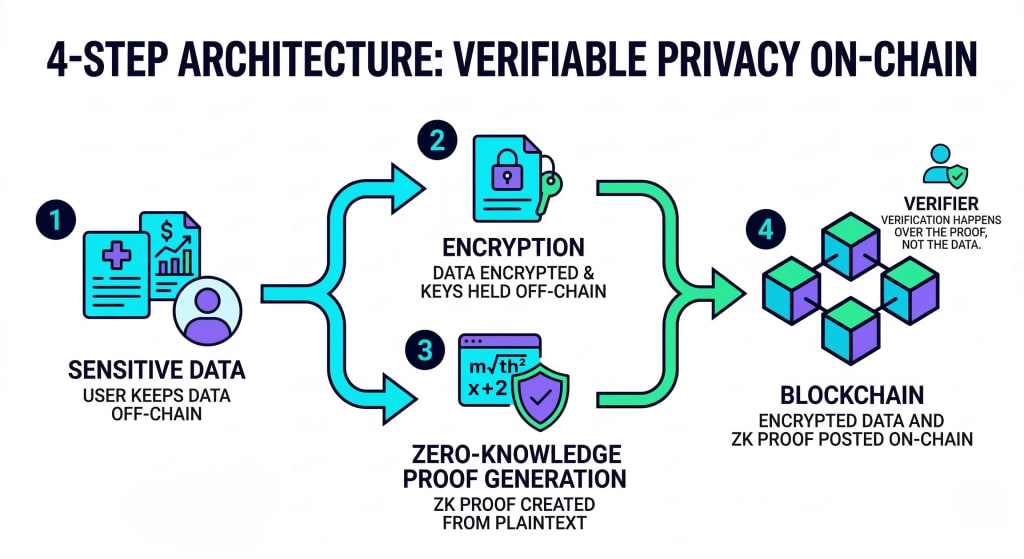 A four-step technical architecture diagram showing how sensitive data is encrypted off-chain while a Zero-Knowledge Proof (ZKP) is generated from the plaintext. Both the encrypted data and the ZK proof are posted to the blockchain, allowing for on-chain verification without exposing the underlying data.