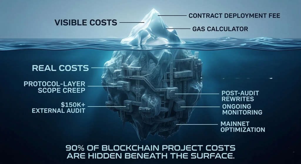 A visualization comparing visible blockchain development estimates versus real costs, using a digital iceberg analogy to show that smart contract security audits, re-writes, and on-chain monitoring are often underestimated.