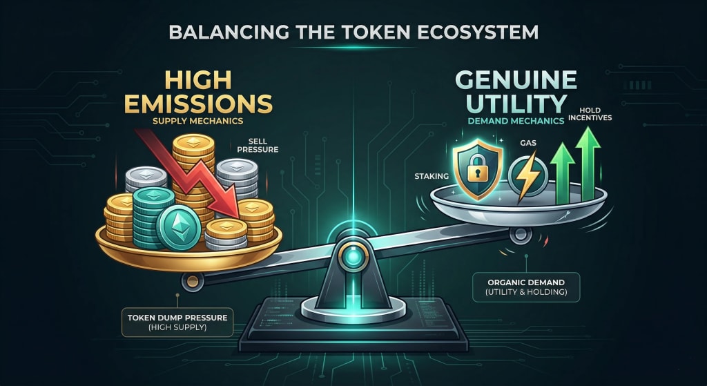 Infographic of crypto token supply mechanics and demand drivers.