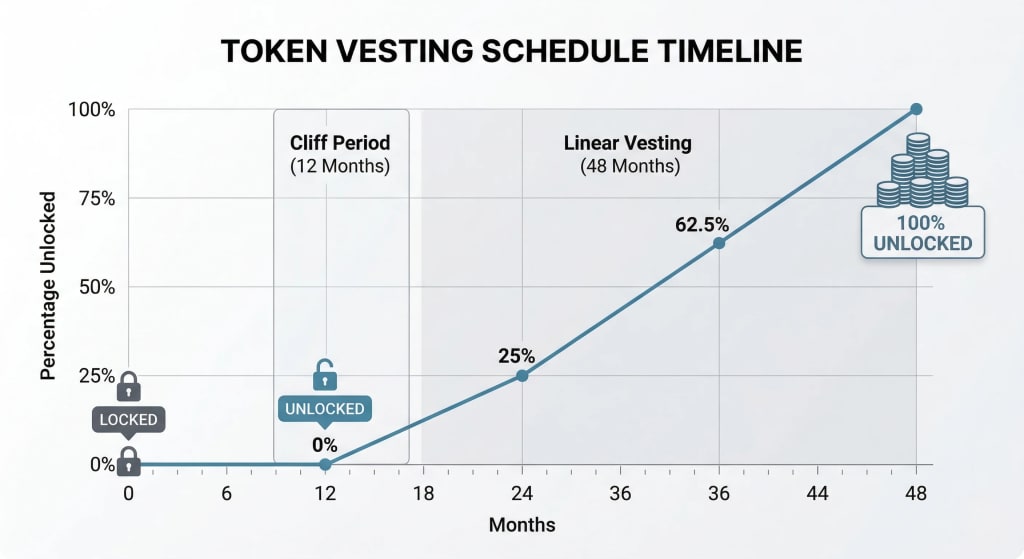 Chart showing typical 4-year crypto vesting schedule and cliff period.