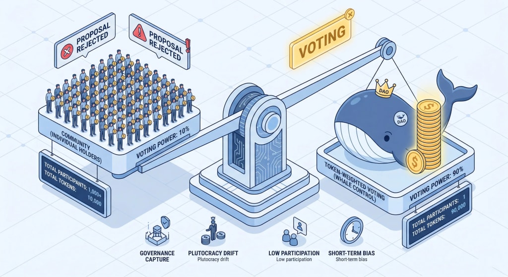 Isometric infographic showing the imbalance of power in token-weighted voting between large holders (whales) and the community.
