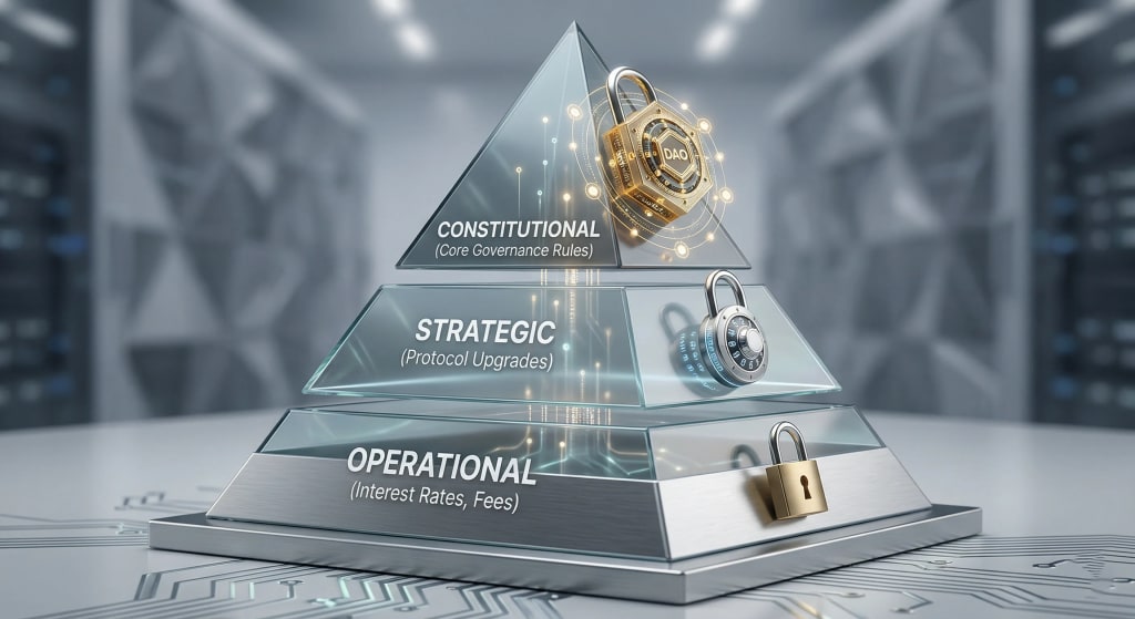 A 3D pyramid diagram illustrating tiered decision-making in Web3 protocols from operational to constitutional levels.