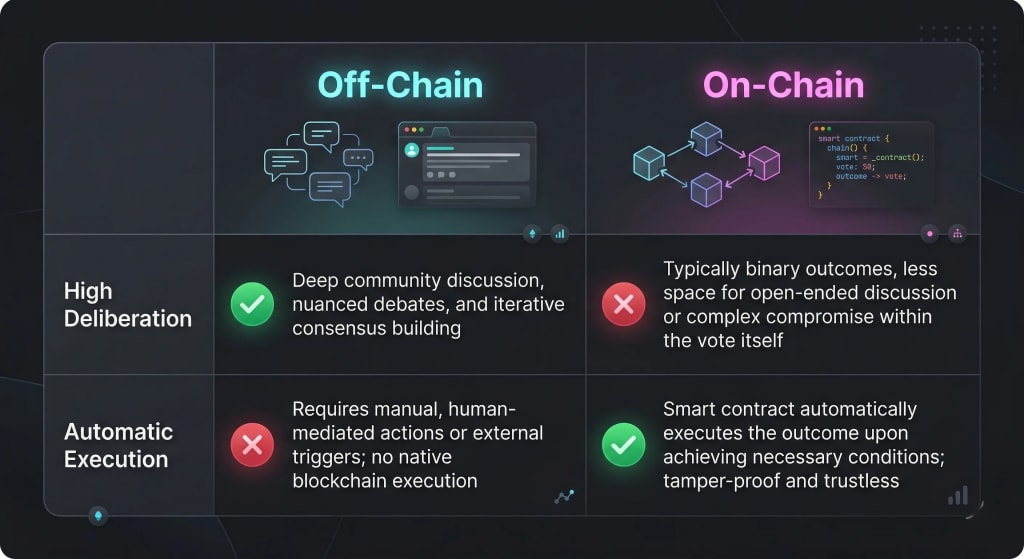 Comparison chart showing the differences between off-chain deliberation and on-chain execution in DAO governance.