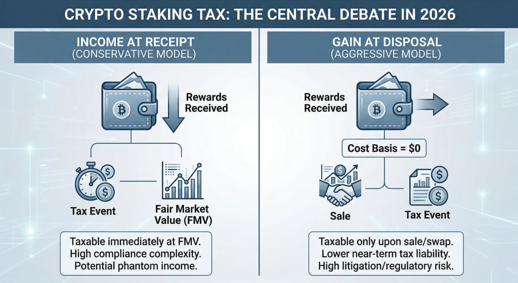 Comparative infographic: 'Income at Receipt vs. Gain at Disposal' models for institutional crypto staking tax treatment in 2026.