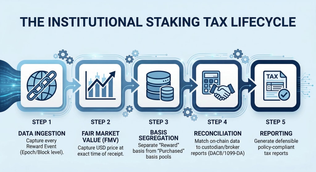 Step-by-step flowchart: The institutional operational lifecycle for crypto staking tax compliance, from reward data ingestion to FMV capture and basis segregation.
