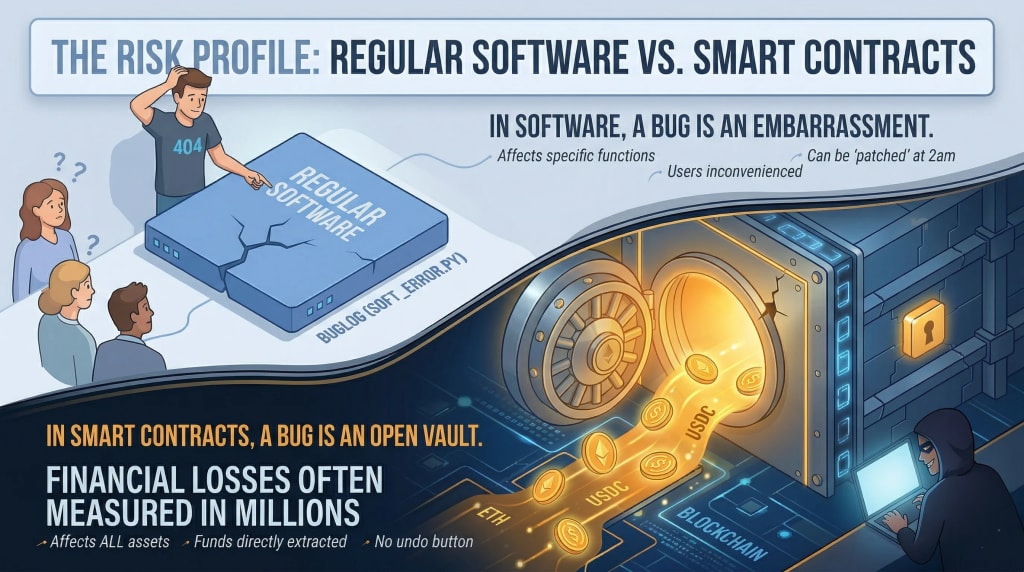 An infographic comparison showing the risk profiles of regular software versus smart contracts. A minor bug in traditional software causes inconvenience, while a vulnerability in a blockchain smart contract behaves like an open bank vault, resulting in significant, irreversible financial losses.