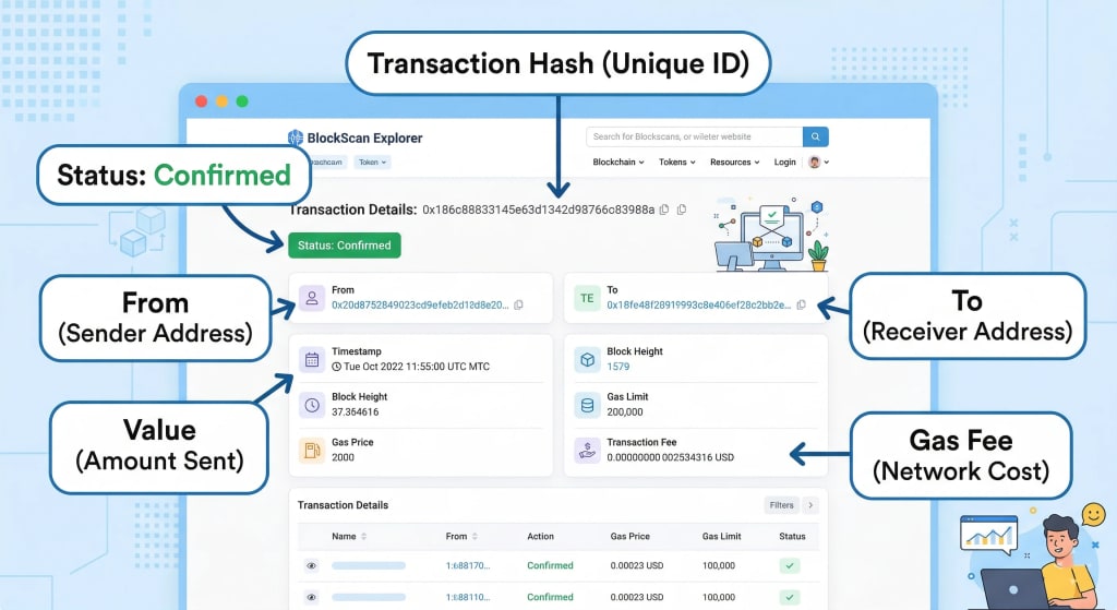 A diagram labeling the critical components of an on-chain transaction record on a block explorer, highlighting TxHash, Status, Sender/Receiver, Amount, and Gas Fee.