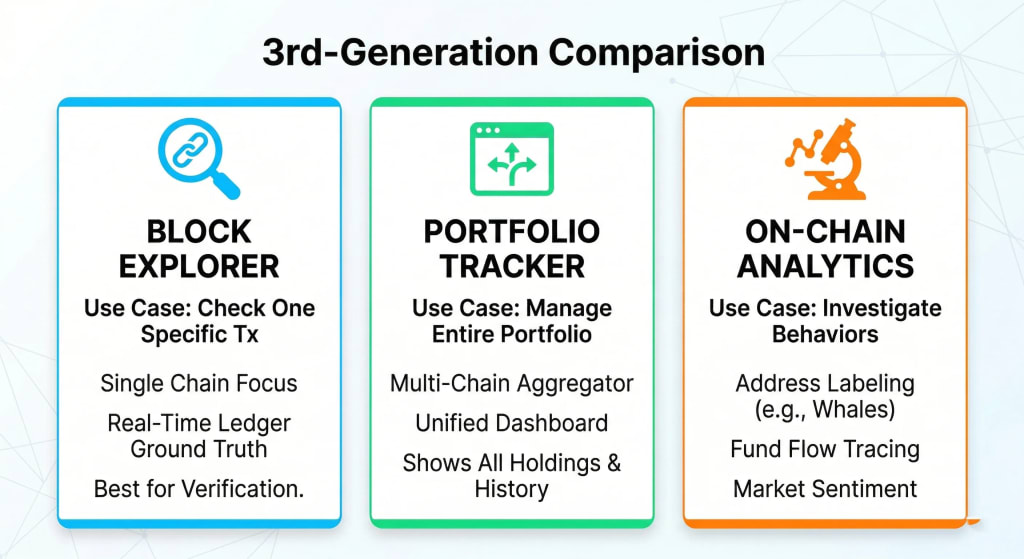 A comparison infographic detailing the different use cases for Block Explorers (verifying single transactions), Portfolio Trackers (multi-chain overview), and On-Chain Analytics (deep investigation).