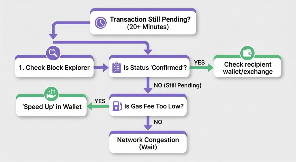 A simple flowchart troubleshooting a delayed crypto transaction, guiding the user to check the explorer, verify the status, and assess gas fees to determine whether to wait or speed up the transfer.