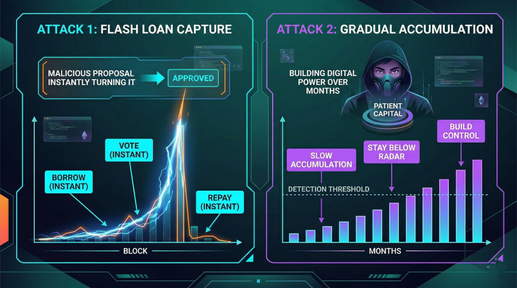 Comparison infographic: Instant Flash Loan governance attack (1 block) versus slow, gradual accumulation attack (over months) on a DAO.